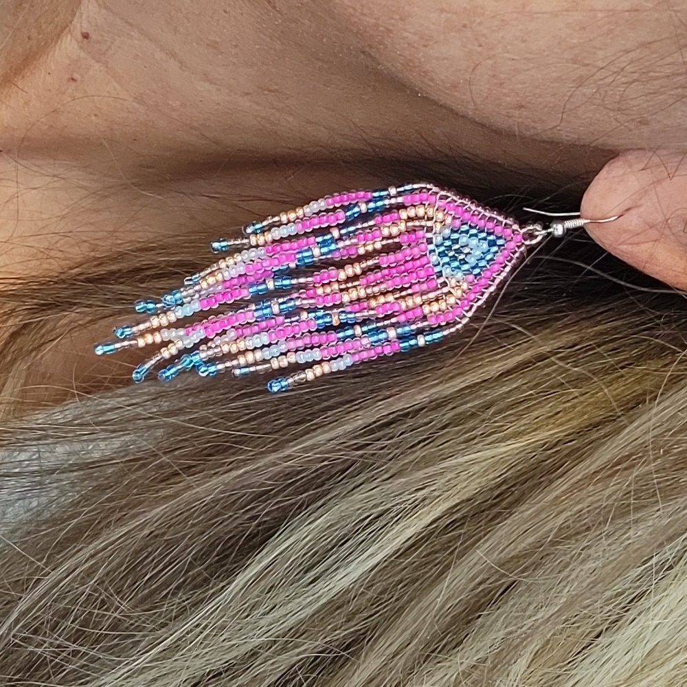 Bohemian Beaded Fringe Earrings - Pink, Blue, Gold - Picture 1 of 7
